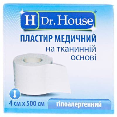Пластир медичний Dr. House на тканинній основі 4 см х 500 см в картонній упаковці, 1 штука