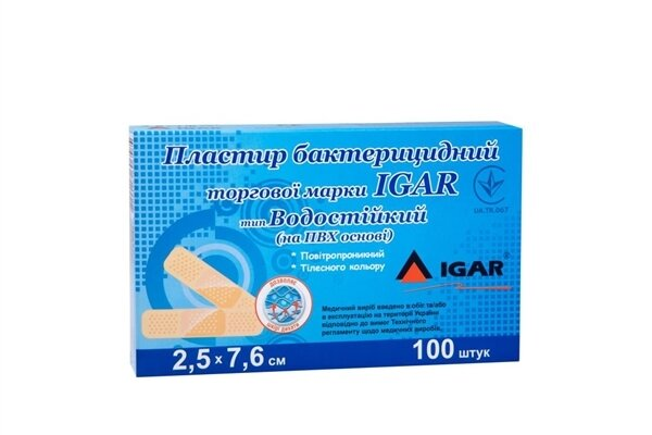 Пластир бактерицидний IGAR тип Водостійкий на полімерній основі (ПВХ) 2,5 см х 7,6 см, 1 штука