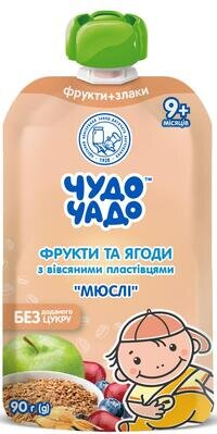 Пюре фруктове Чудо-Чадо Мюслі Фрукти і ягоди з вівсяними пластівцями без цукру з 9 місяців, 90 г