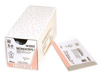 Шовний матеріал хірургічний Monocryl W3435 USP4/0 з антибактеріальним покриттям, що розсмоктується, довжина 70 см, колюча голка 17 мм, 1/2