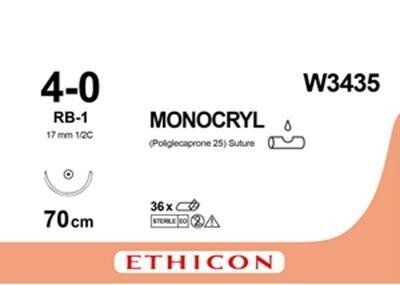 Шовний матеріал хірургічний Monocryl W3435 USP4/0 з антибактеріальним покриттям, що розсмоктується, довжина 70 см, колюча голка 17 мм, 1/2