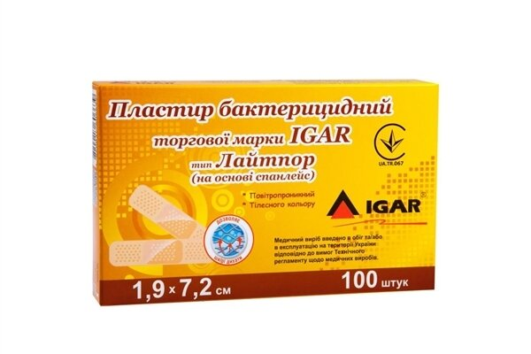 Пластир бактерицидний IGAR тип Лайтпор на нетканій основі (спанлейс) 1,9 см х 7,2 см, 1 штука