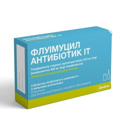 Флуімуцил антибіотик ІТ ліофілізат для р-ну д/ін. по 500 мг №3 у флак. з р-ком
