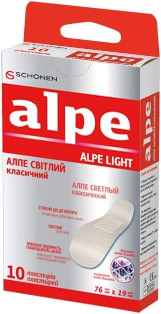 Пластир медичний Alpe Light на тканинній основі світлий, класичний 76 мм х 19 мм, 10 штук