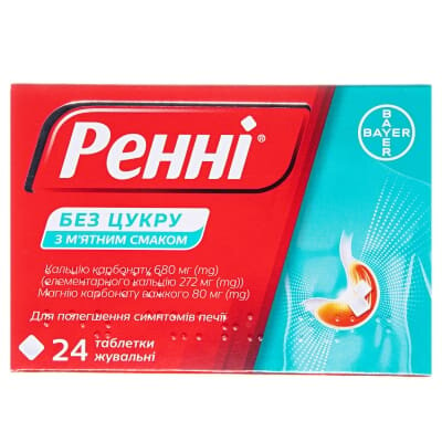 Ренні без цукру таблетки жув. зі смак. м'яти №24 (12х2) у бліс. з перфор.