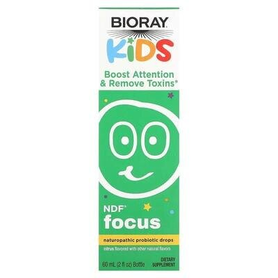Детоксикація та підвищення уваги пробіотичні краплі Bioray Kids NDF Focus для дітей зі смаком цитрусових, 60 мл