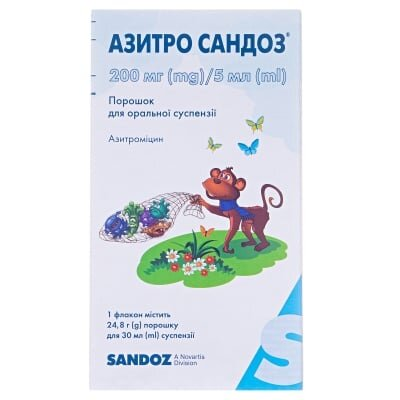 Азитро Сандоз порошок д/ор. сусп. 200 мг/5 мл по 30 мл (24.8 г) у флак.