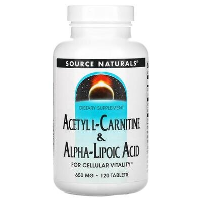 Ацетил карнітин + Альфа-ліпоєва кислота Source Naturals Acetyl L-Carnitine & Alpha-Lipoic Acid 650 мг, 120 таблеток