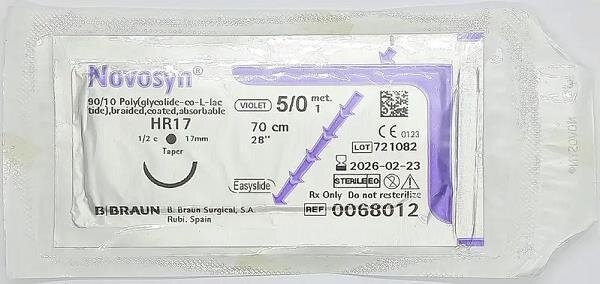 Шовний матеріал хірургічний Novosyn USP 5 (1), довжина 70 см, голка колюча 17 мм, 1/2 кола, фіолетовий 0068012