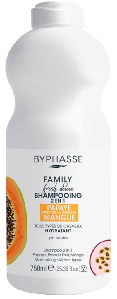 Шампунь Byphasse Family Fresh Delice 2в1 для всіх типів волосся, з папайєю, маракуєю і манго, 750 мл