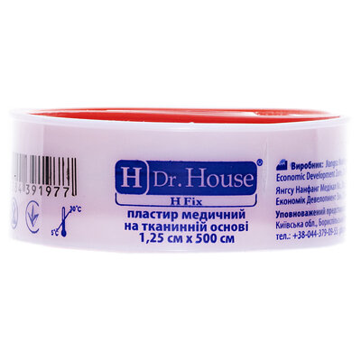 Пластир медичний Dr. House H Fix на тканинній основі 1,25 см х 500 см в пластиковому футлярі, 1 штука