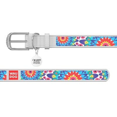 Нашийник для собак Collar WAUDOG Design з QR паспортом, малюнок Квіти, шкіряний, ширина 20 мм довжина 30-39 см, білий