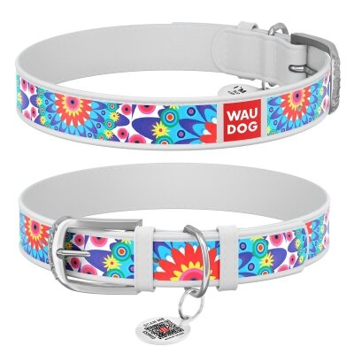 Нашийник для собак Collar WAUDOG Design з QR паспортом, малюнок Квіти, шкіряний, ширина 20 мм довжина 30-39 см, білий