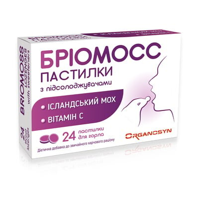 Бріомосс пастилки з підсолоджувачем при болі у горлі №24 (12х2)