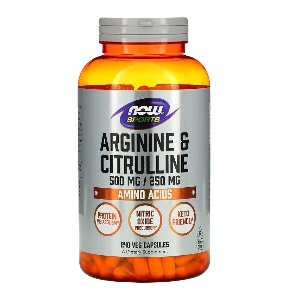 Аргінін та цитрулін NOW Sports Arginine & Citrulline 500 мг/250 мг вег. капсули №240