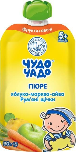 Пюре фруктово-овочеве Чудо-Чадо Яблуко-морква-айва з цукром Рум'яні щічки, 90 г