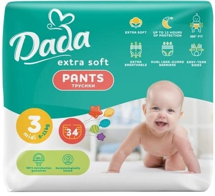 Підгузки-трусики Dada Extra Soft Midi дитячі, розмір 3, 6-11 кг, 34 шт