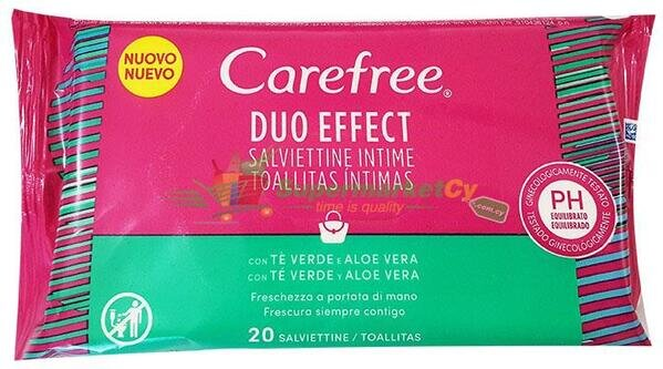 Серветки вологі Carefree Duo Effectдля інтимної гігієни, із зеленим чаєм і алое вера, 20 шт