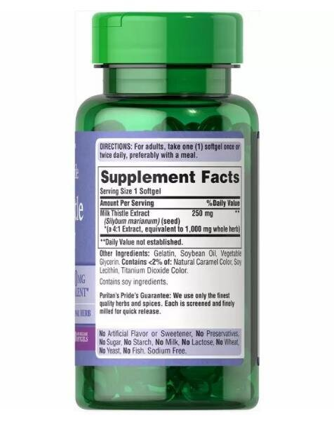 Розторопша Puritan's Pride Milk Thistle Extract 1000 мг, 90 гелевих капсул