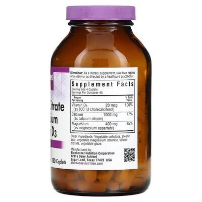 Кальцій та Магній цитрат + Вітамін D3 Bluebonnet Nutrition капсули №180