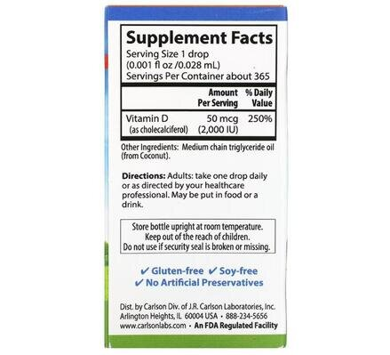 Вітамін D3 Carlson Labs Super Daily Vitamin D3 2000 МО, 10.3 мл
