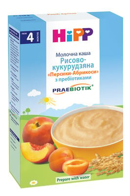 Каша молочна HiPP з пребіотиками Рисово-кукурудзяна Персики-Абрикоси, з 4 місяців, 250 г