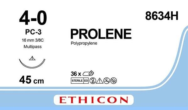 Шовний матеріал хірургічний Prolene 8634Н р. USP 4/0, нерозсмоктуючий довжина 45 см, ріжуча голка 16 мм, 3/8 кола