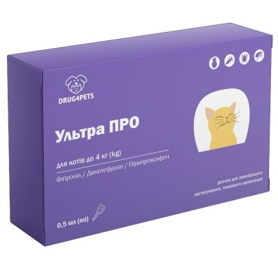 Ультра ПРО DRUG4PETS краплі від бліх і кліщів для кішок вагою до 4 кг, 1 піпетка по 0,4 мл