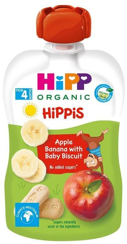 Пюре фруктове HiPP Hippis Яблоко-Банан c дитячим печивом з 4 місяців, 100 г