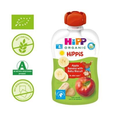 Пюре фруктове HiPP Hippis Яблоко-Банан c дитячим печивом з 4 місяців, 100 г