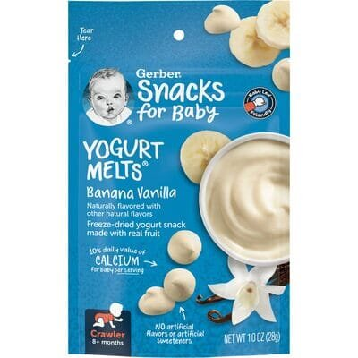 Снеки Gerber Yogurt melts з сублімованого йогурту з ваніллю та бананом для дітей з 8 місяців, 28 г