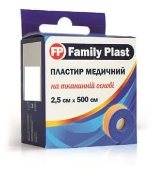 Пластир медичний «FP Family Plast» на тканинній основі в котушці з підвісом 2,5 см х 500 см, 1 штука