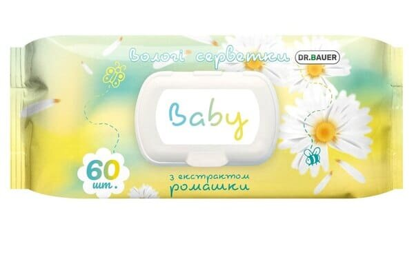 Серветки вологі Dr. Bauer baby з екстрактом ромашки, з клапаном, 60 шт