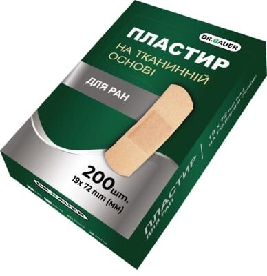 Пластир бактерицидний Dr. Bauer на тканинній основі 19 мм х 72 мм, 200 штук