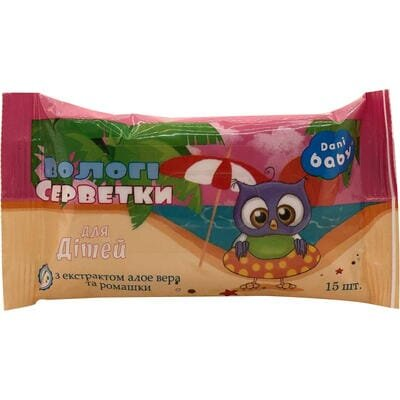Серветки вологі Dani Baby дитячі з екстрактом ромашки та алое вера, 15 штук