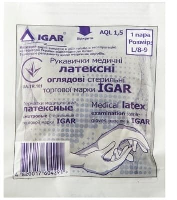 Рукавички оглядові IGAR латексні стерильні, бюджетна упаковка, розмір L, пара
