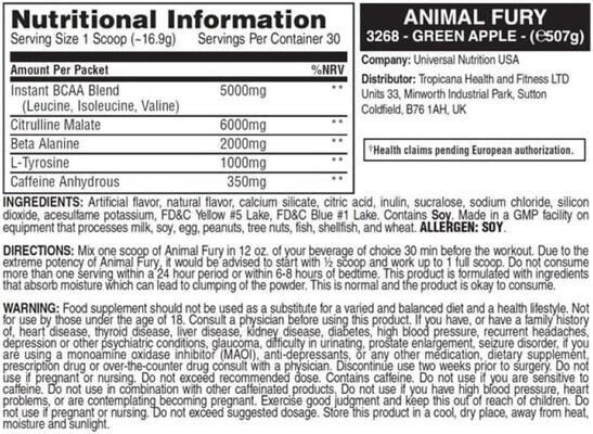 Передтренувальний комплекс Universal Nutrition Animal Fury, зелене яблуко, 507 г