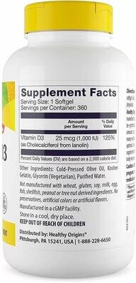 Вітамін Д3 Healthy Origins Vitamin D3 1000 МО, 360 капсул