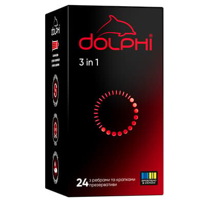 Презервативи Dolphi 3 in 1 три в одному з крапками та ребрами, 24 штуки