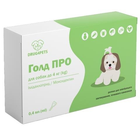Голд ПРО DRUG4PETS краплі від бліх, кліщів та глистів для собак вагою до 4 кг, 1 піпетка по 0,4 мл