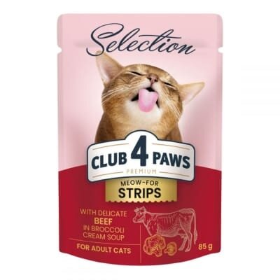 Корм вологий для дорослих кішок Club 4 Paws Selection Преміум із смужками яловичини у крем супі з броколі, 85 г