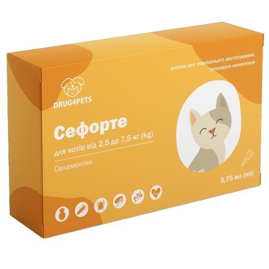 Сефорте DRUG4PETS краплі від бліх, кліщів та глистів для котів вагою 2,5 - 7,5 кг, 1 піпетка по 0,75 мл