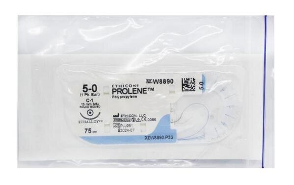Шовний матеріал хірургічний Prolene W8890 р. USP 5/0 (1) нерозсмоктуючий довжина 75 см, голка колюча 13 мм, 3/8 кола