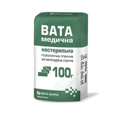 Вата нестерильна Юрія-фарм медична гігроскопічна, гігієнічна, "Зиг-Заг", 100 г