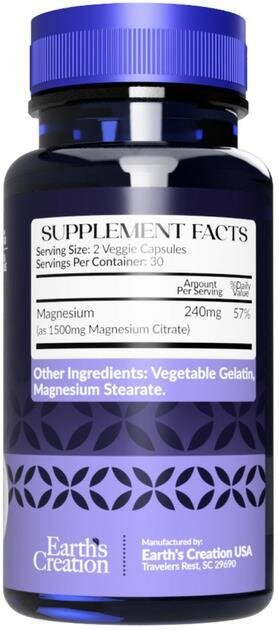 Магнію цитрат Earth's Creation Magnesium Citrate 1500 мг, 60 капсул