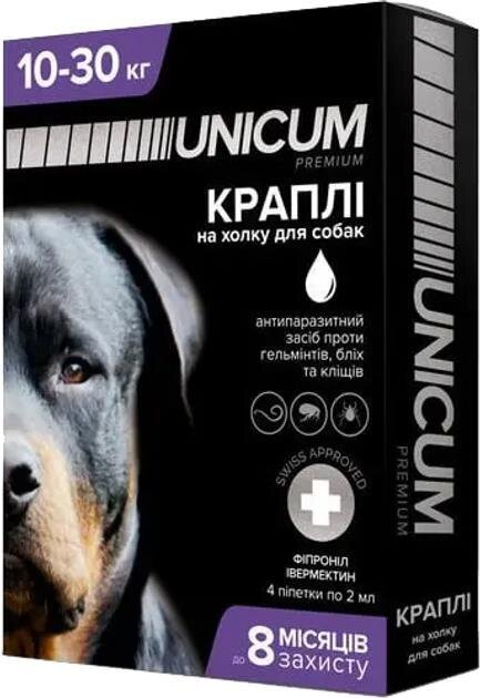 Краплі на холку Unicum Complex від бліх, кліщів і гельмінтів для собак вагою 10-30 кг, 1 піпетка