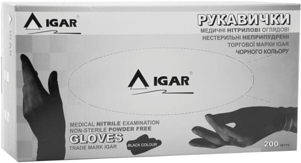 Рукавички оглядові IGAR нітрилові без пудри нестерильні, чорні, розмір L, пара