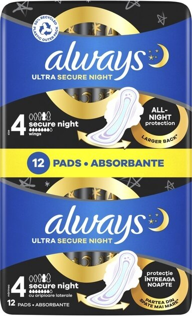 Прокладки гігієнічні Always Ultra Secure Night, 7 крапель, 4 розмір, 12 шт