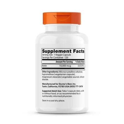 Вітаміни Біотин 10000 мкг Doctor's Best Biotin 10000 mcg (В7) , 120 вегетаріанських капсул