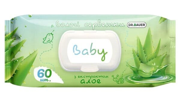 Серветки вологі Dr. Bauer baby з екстрактом алое, з клапаном, 60 шт